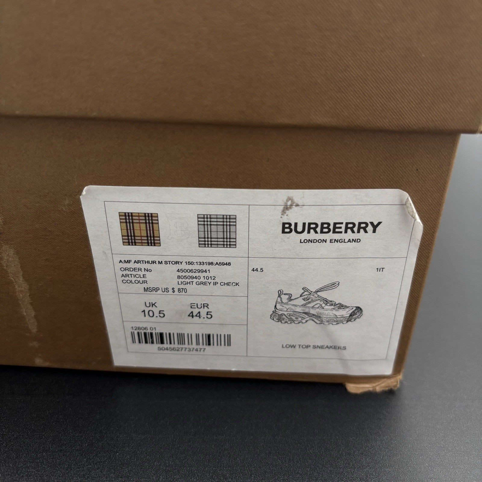 Size 44.5 (11.5 US) Burberry Arthur ' Grey, Plaid ' | NEW!