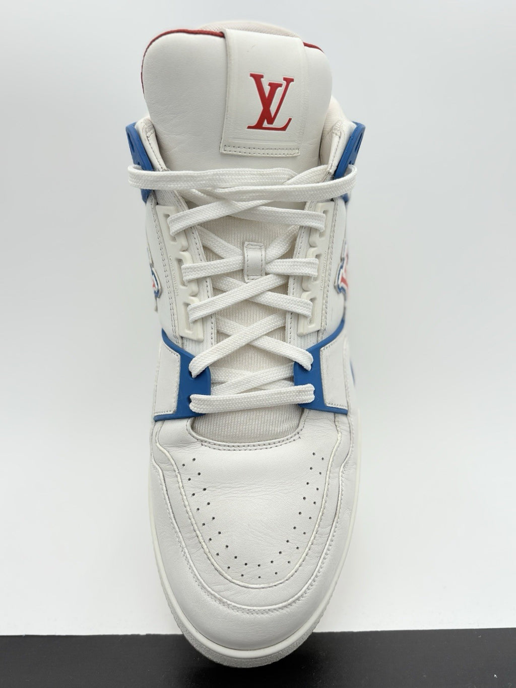 Size 10 LV (US 11-11.5) Louis Vuitton Mid Trainer ' White Red Blue ' | GOOD!