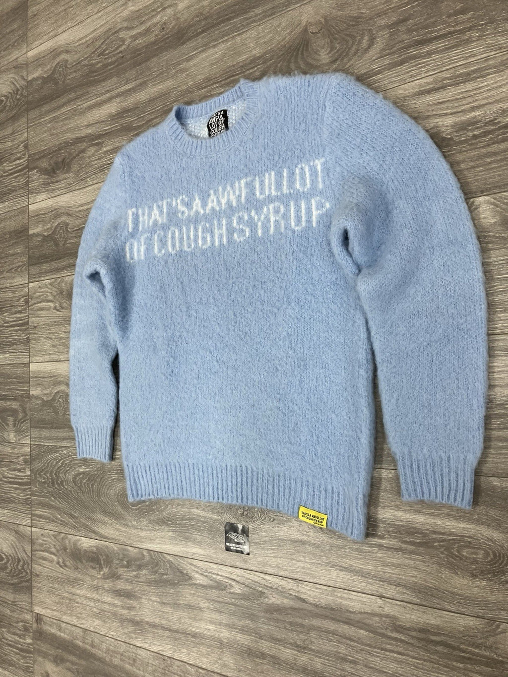 Size L - Thats A Awful Lot Of Cough Syrup Mohair Sweater ' Blue ' BRAND NEW!