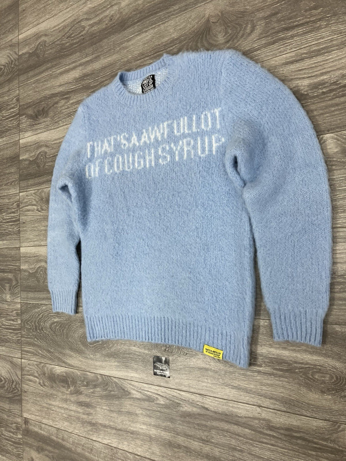 Size L - Thats A Awful Lot Of Cough Syrup Mohair Sweater ' Blue ' BRAND NEW!