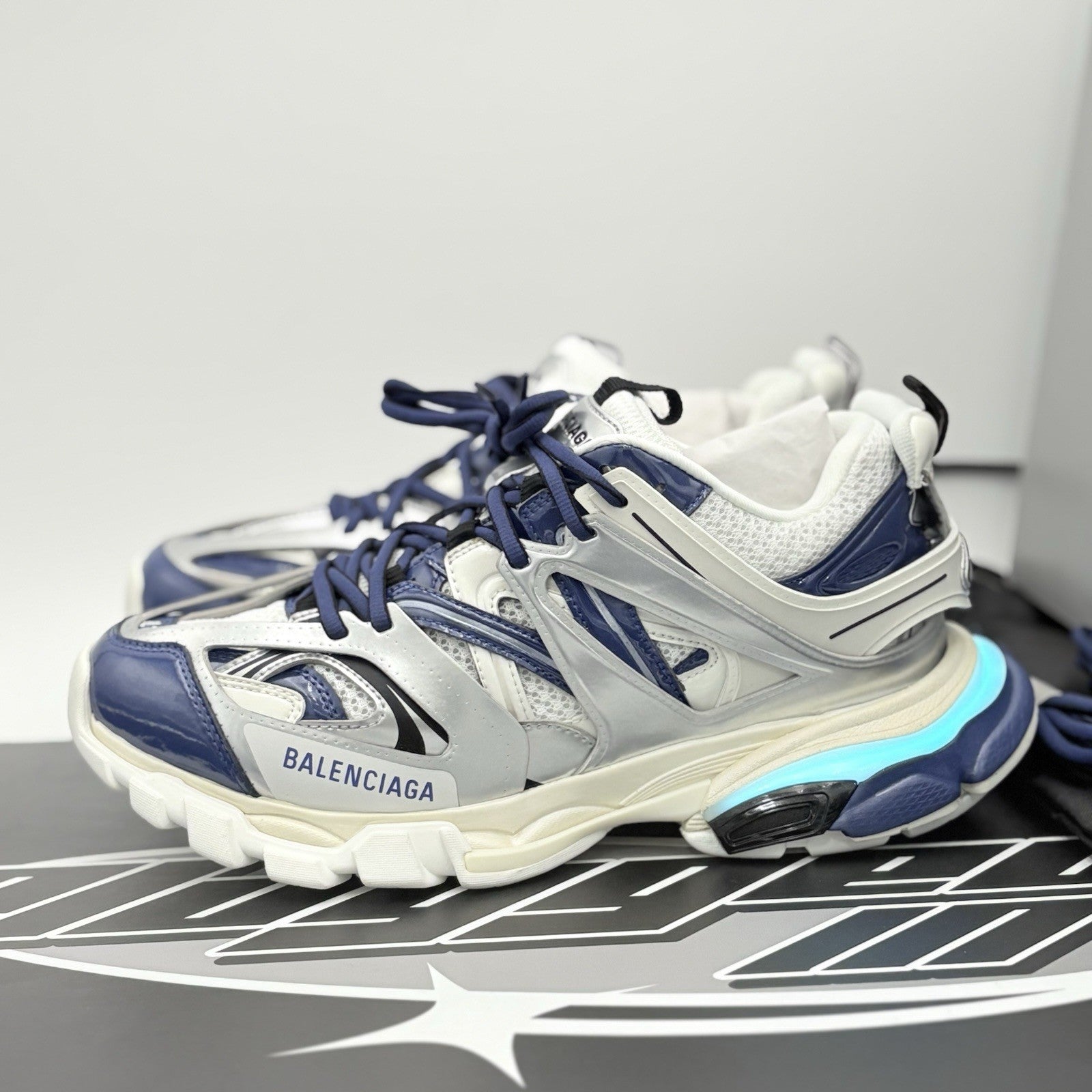 Size 41 (8 US) - Balenciaga Track LED Sneaker ' Silver Navy ' | BRAND NEW!