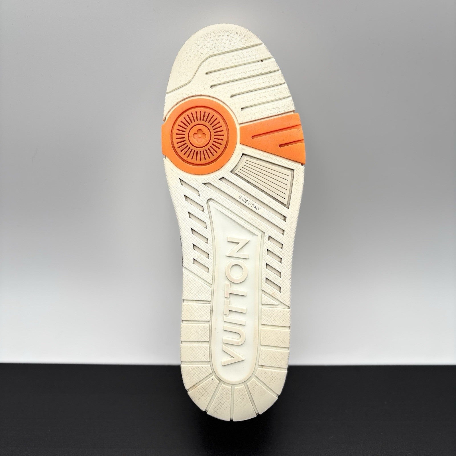 Size 10 LV (11-11.5 US) - Louis Vuitton Trainer Low ' Metallic Silver Orange '