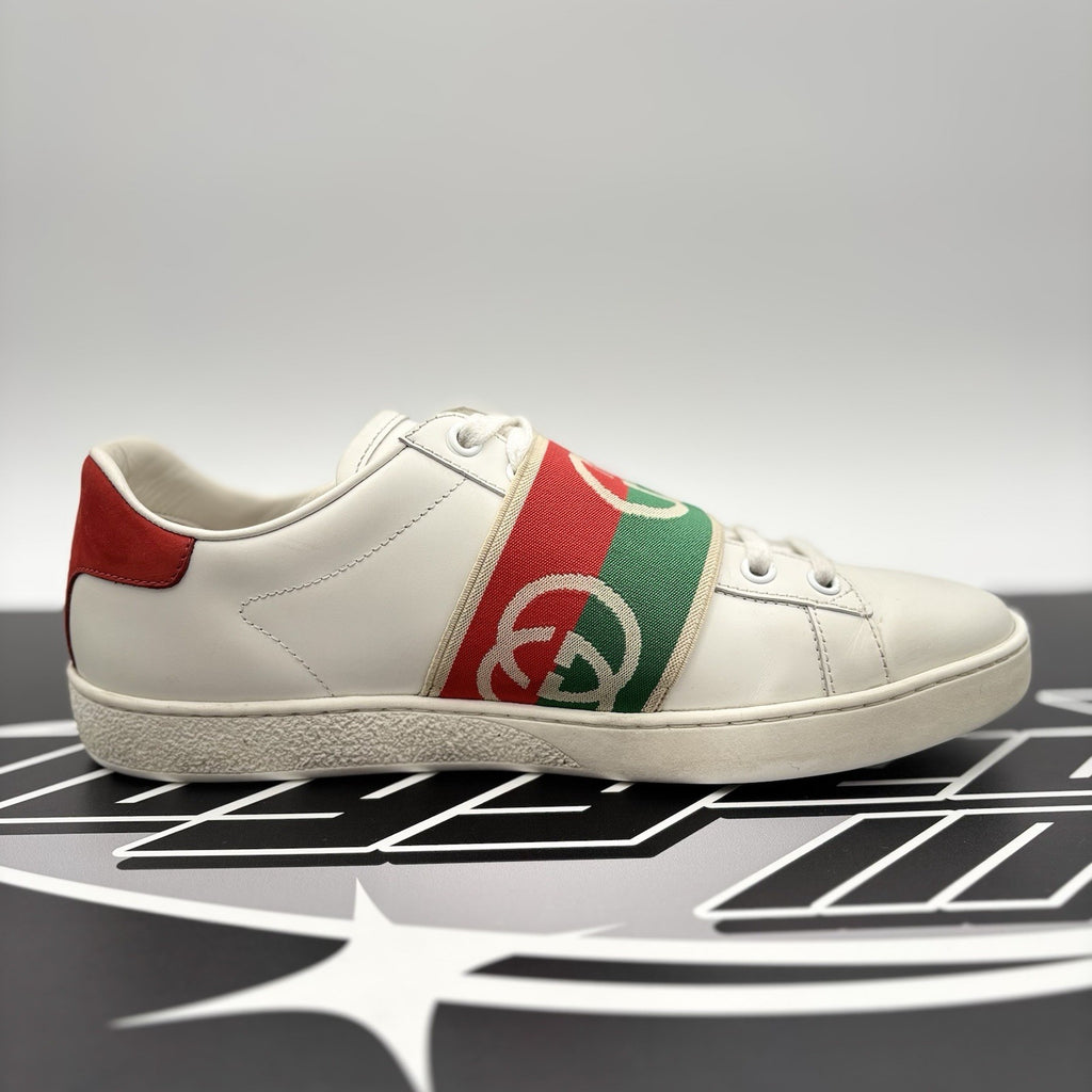 Size 38.5 (7 W US) - Gucci Ace Web 'Interlocking G - White Red Green ‘ | GOOD!