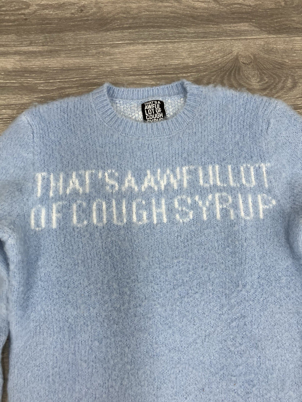 Size L - Thats A Awful Lot Of Cough Syrup Mohair Sweater ' Blue ' BRAND NEW!
