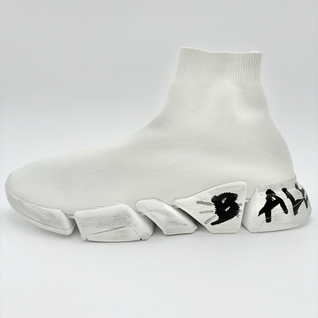 Size 46 (13 US) - Balenciaga Speed 2.0 Graffiti Recycled Knit ' White ' | NEW!