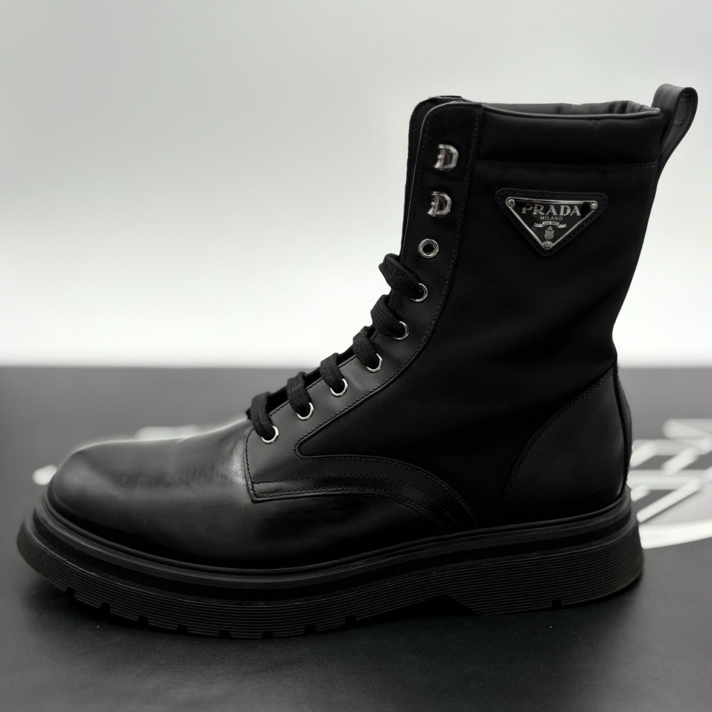 Size 9 UK (10 US) - Prada Nylon & Leather Triangle Logo Combat Boots ' Black '