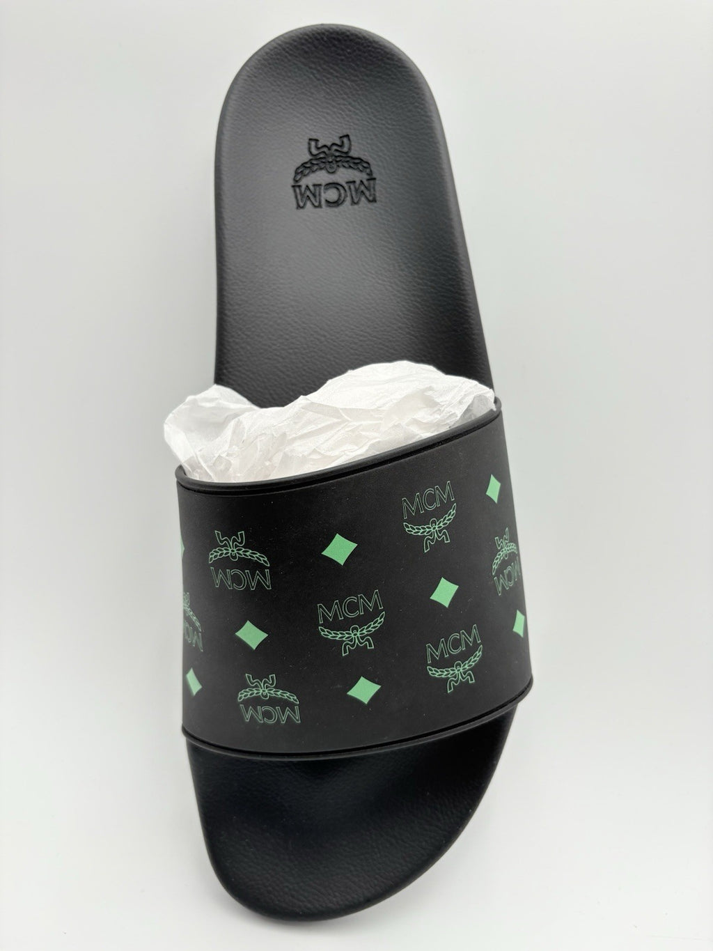 Size 45 (12 US) - MCM Monogram Print Rubber Slides ' Black Splash Green ' | NEW!