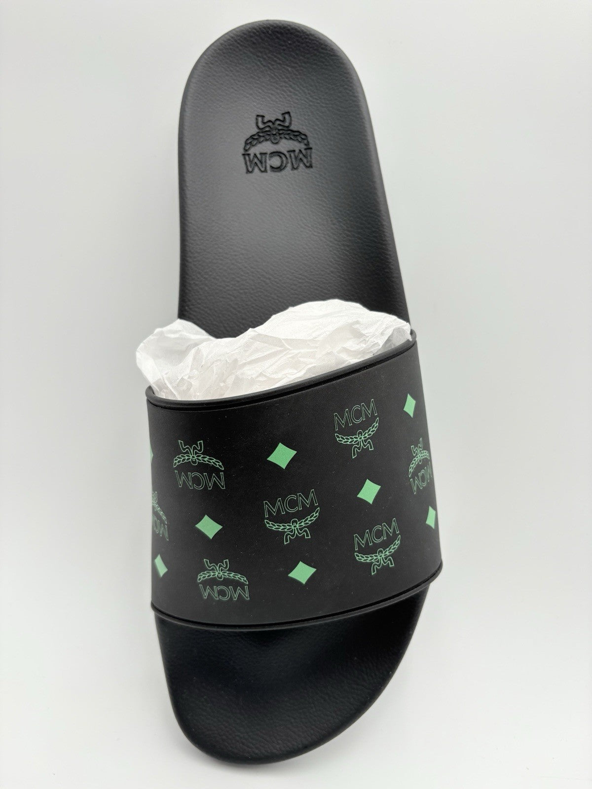 Size 45 (12 US) - MCM Monogram Print Rubber Slides ' Black Splash Green ' | NEW!