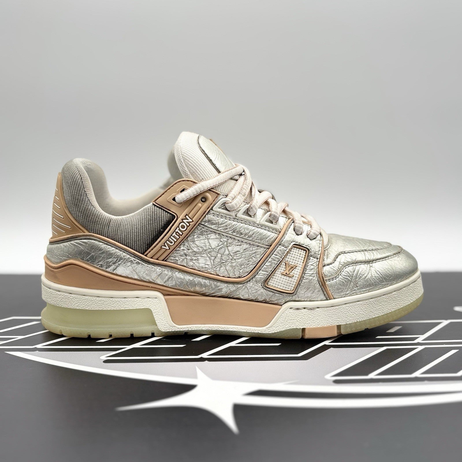 Size 6 LV (7-7.5 US ) Louis Vuitton Trainer ' Metallic, Beige '