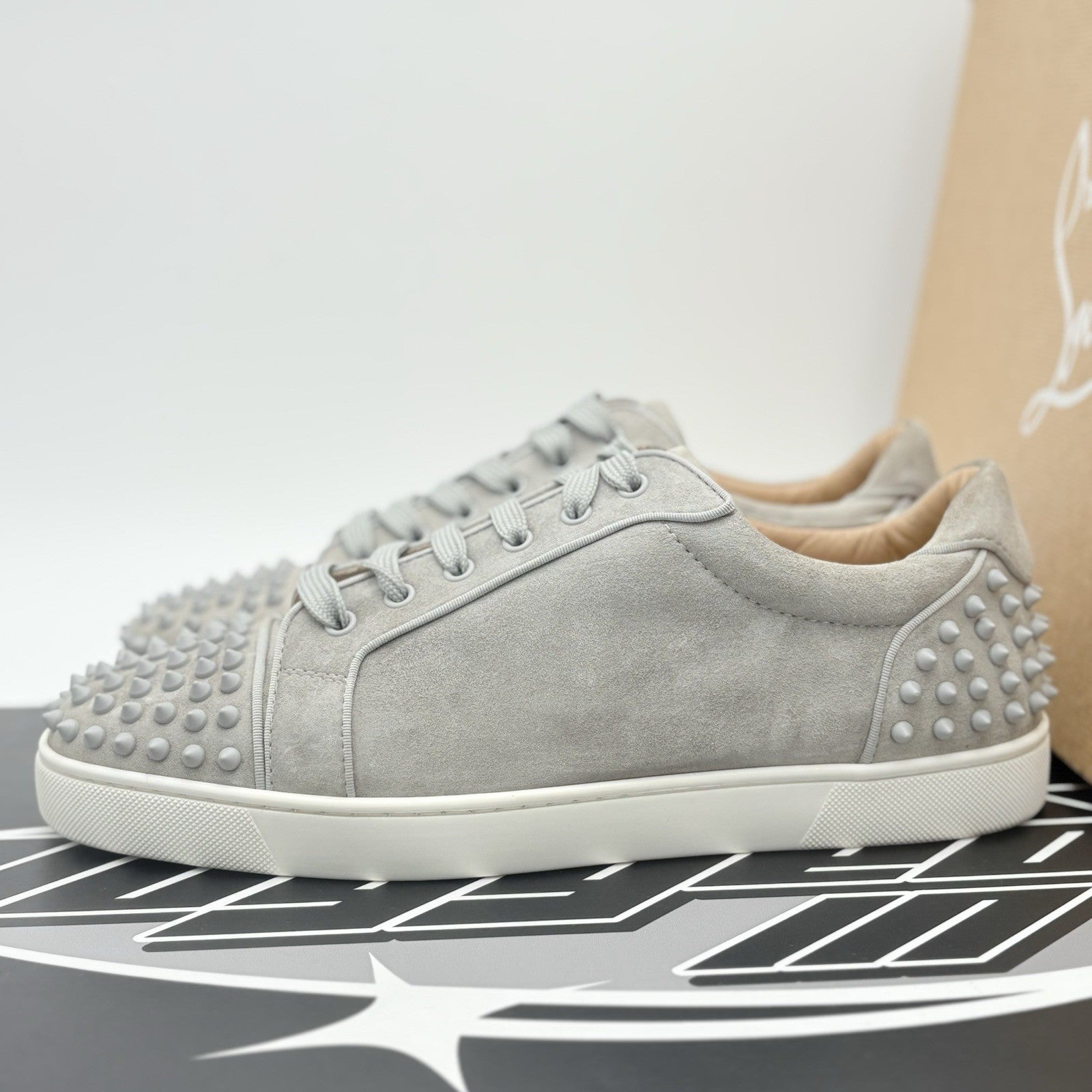 Size 45 (12 US) Christian Louboutin Suede Louis Spikes ' Grey ' | SUPER CLEAN!