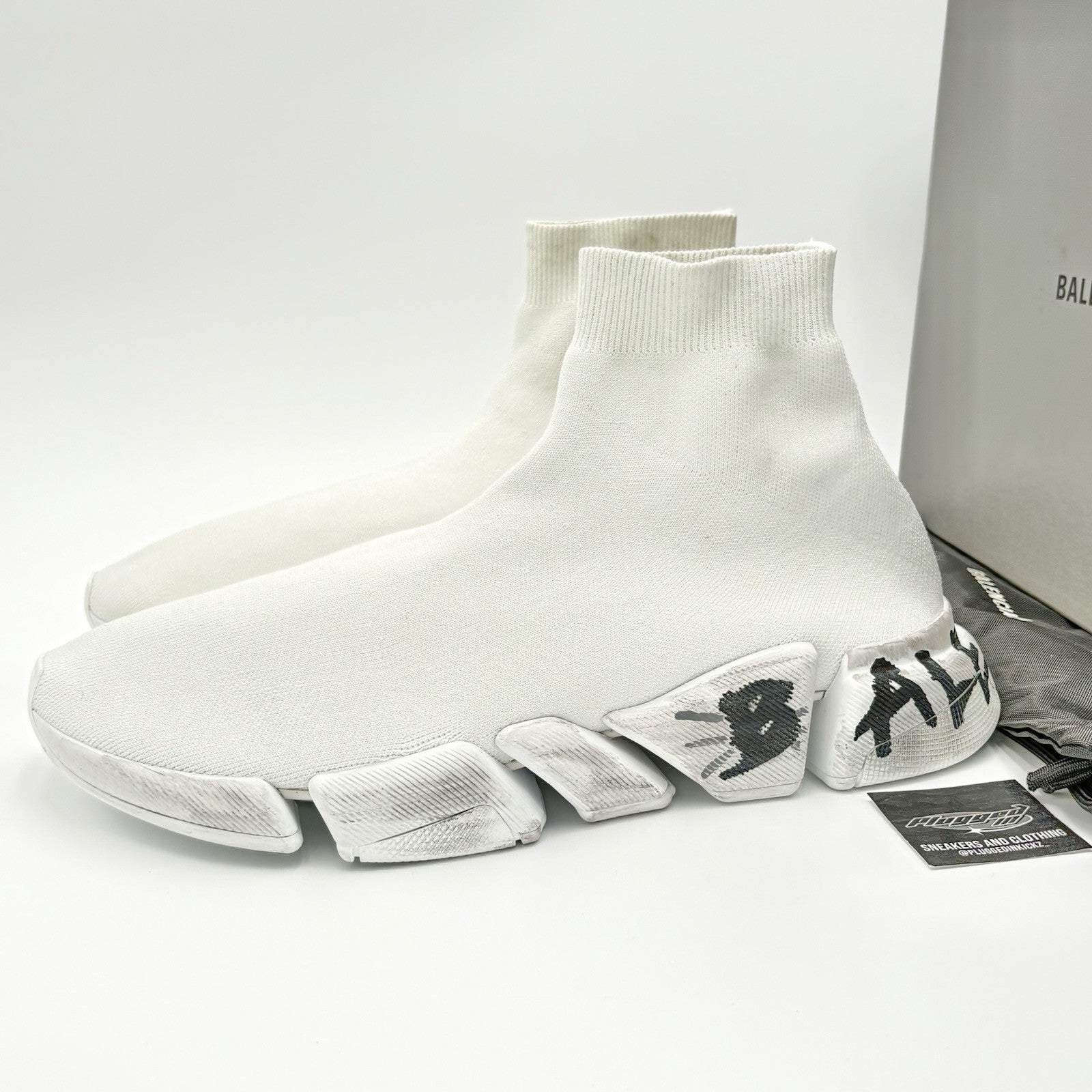 Size 46 (13 US) - Balenciaga Speed 2.0 Graffiti Recycled Knit ' White ' | NEW!