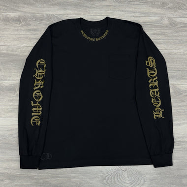 Neck & Vertical Logo Long Sleeve T-Shirt Black Green