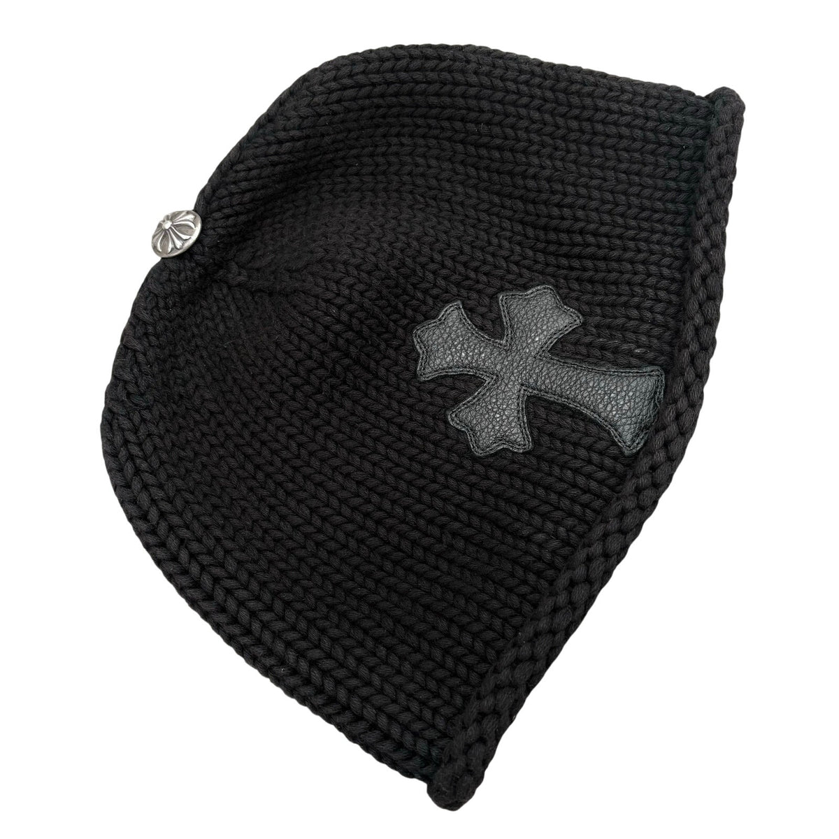 Leather Cross Patch Cable Knit Beanie Black — photo 2