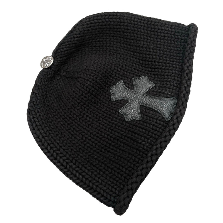 Leather Cross Patch Cable Knit Beanie Black — photo 2