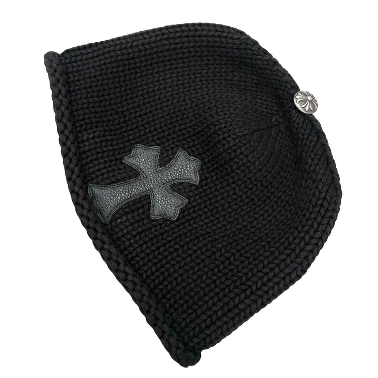 Leather Cross Patch Cable Knit Beanie Black — photo 3