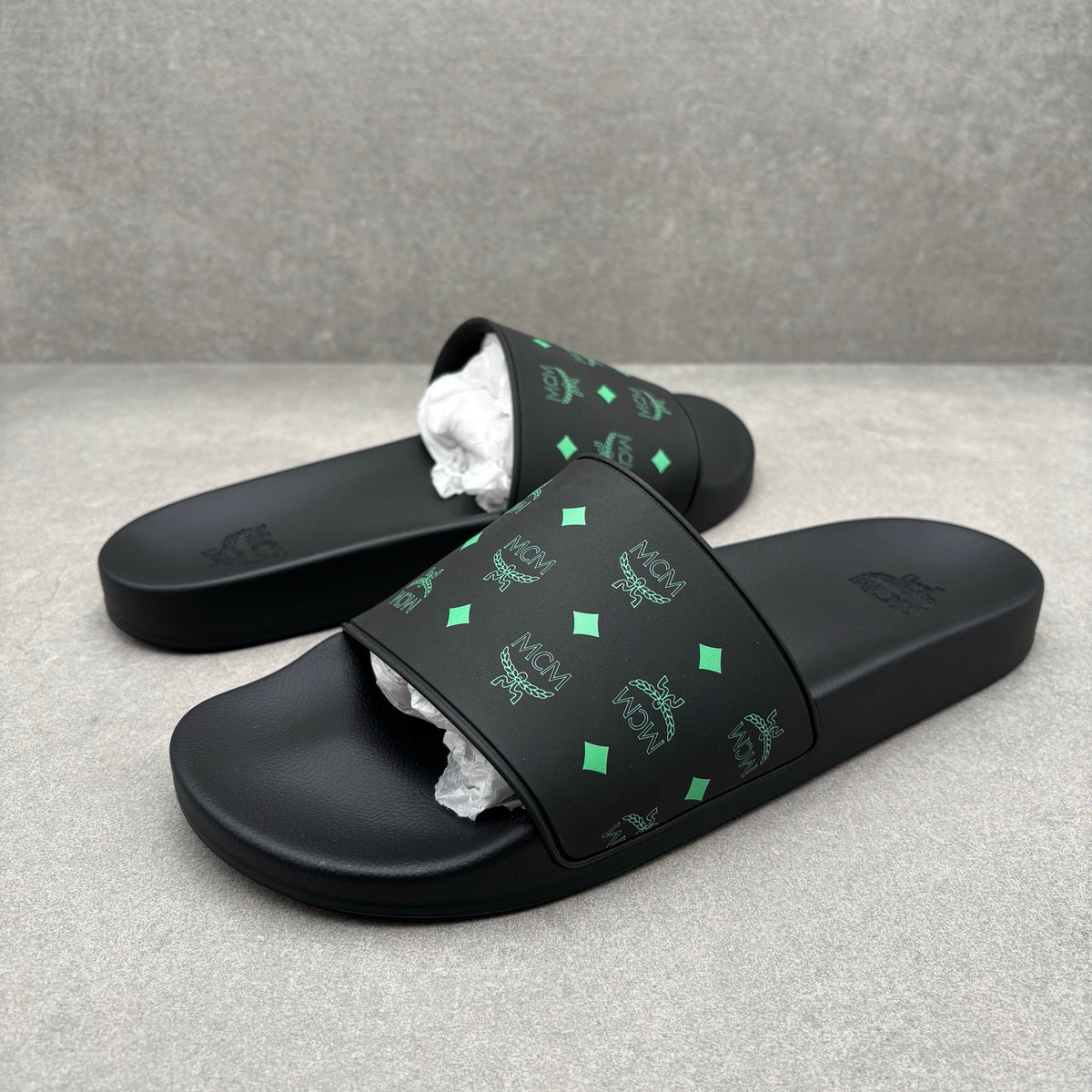 MCM Monogram Print Rubber Slides Black Splash Green