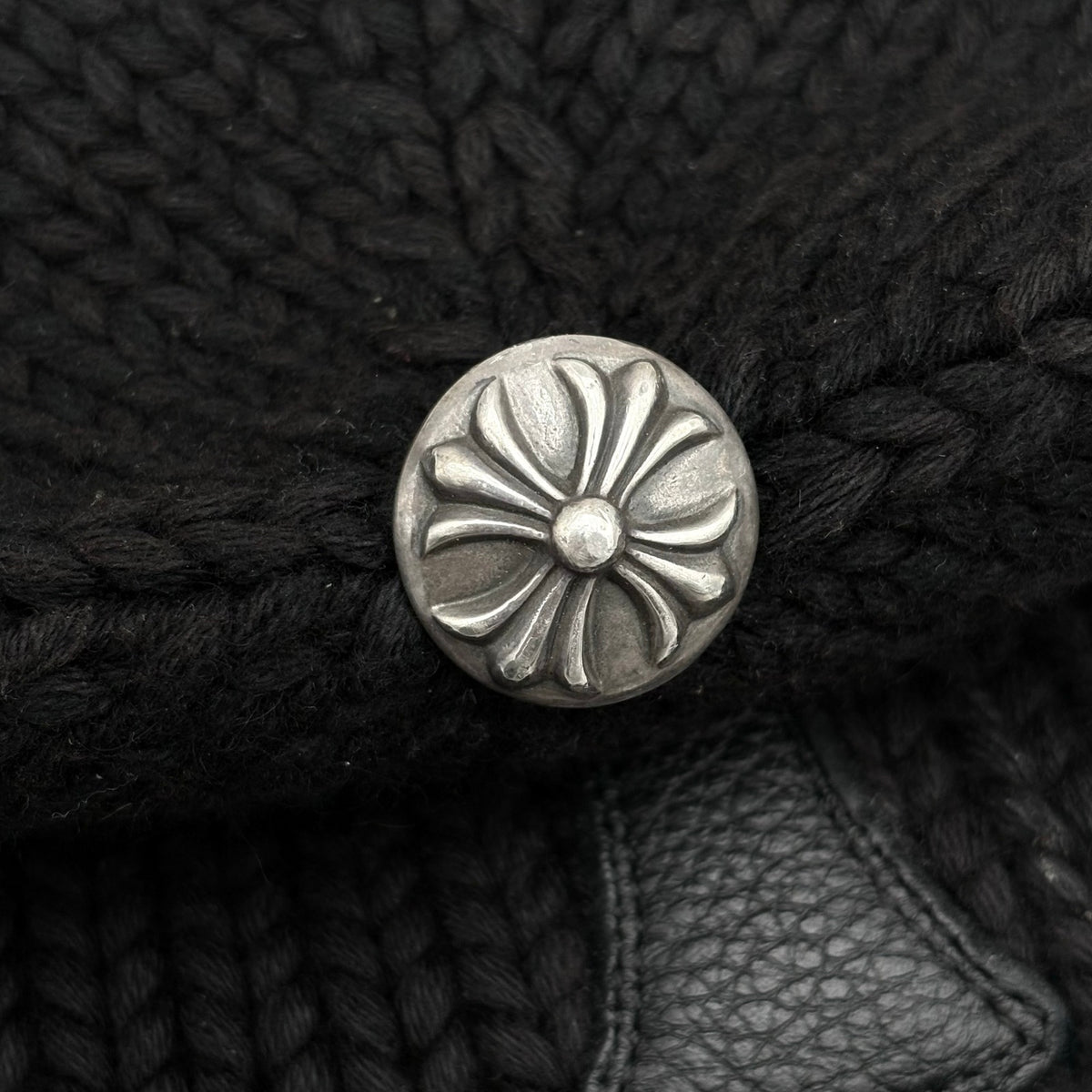 Leather Cross Patch Cable Knit Beanie Black — photo 6