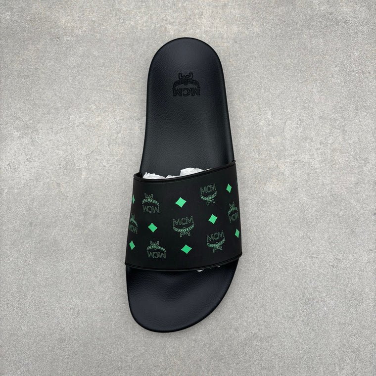 MCM Monogram Print Rubber Slides Black Splash Green — photo 13