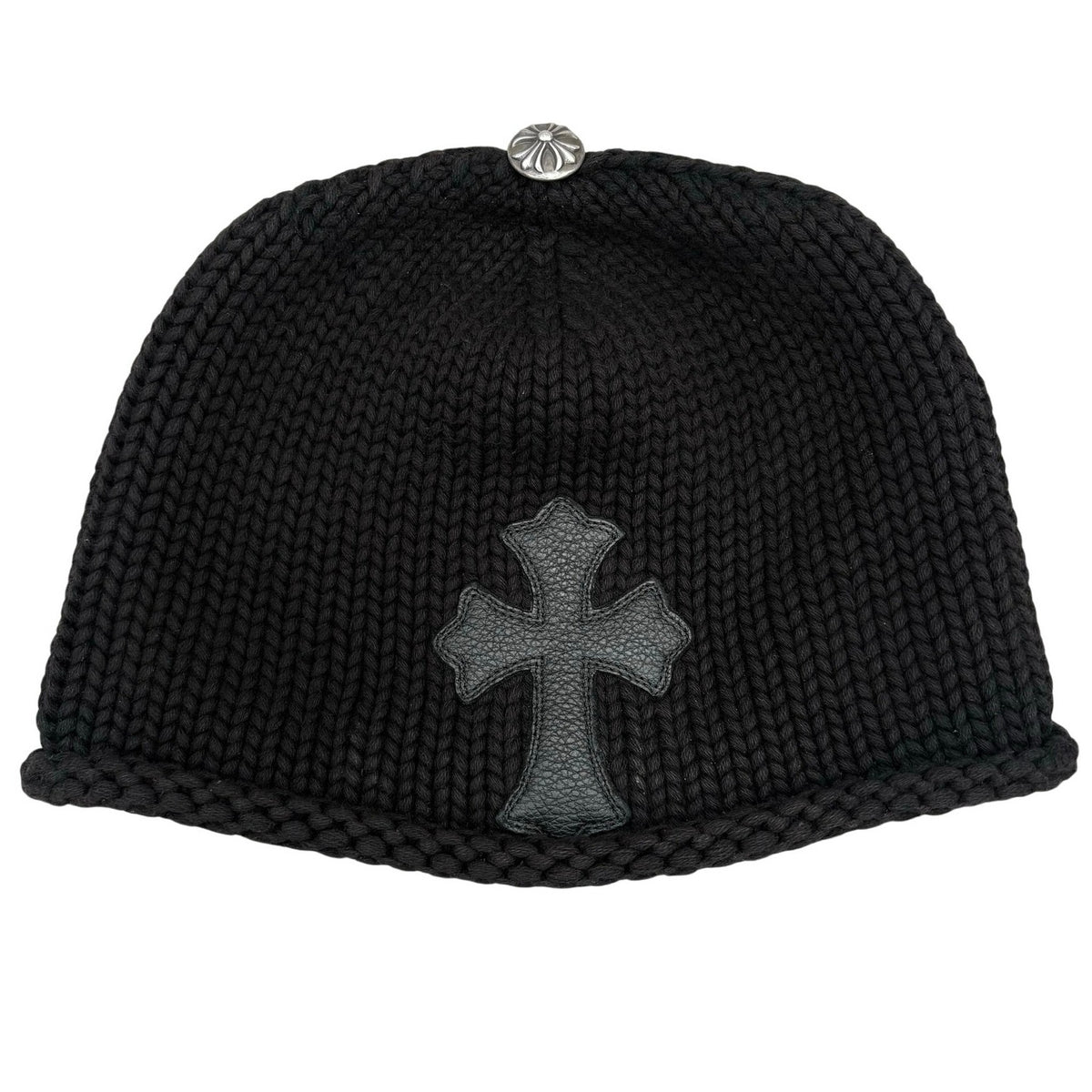 Leather Cross Patch Cable Knit Beanie Black